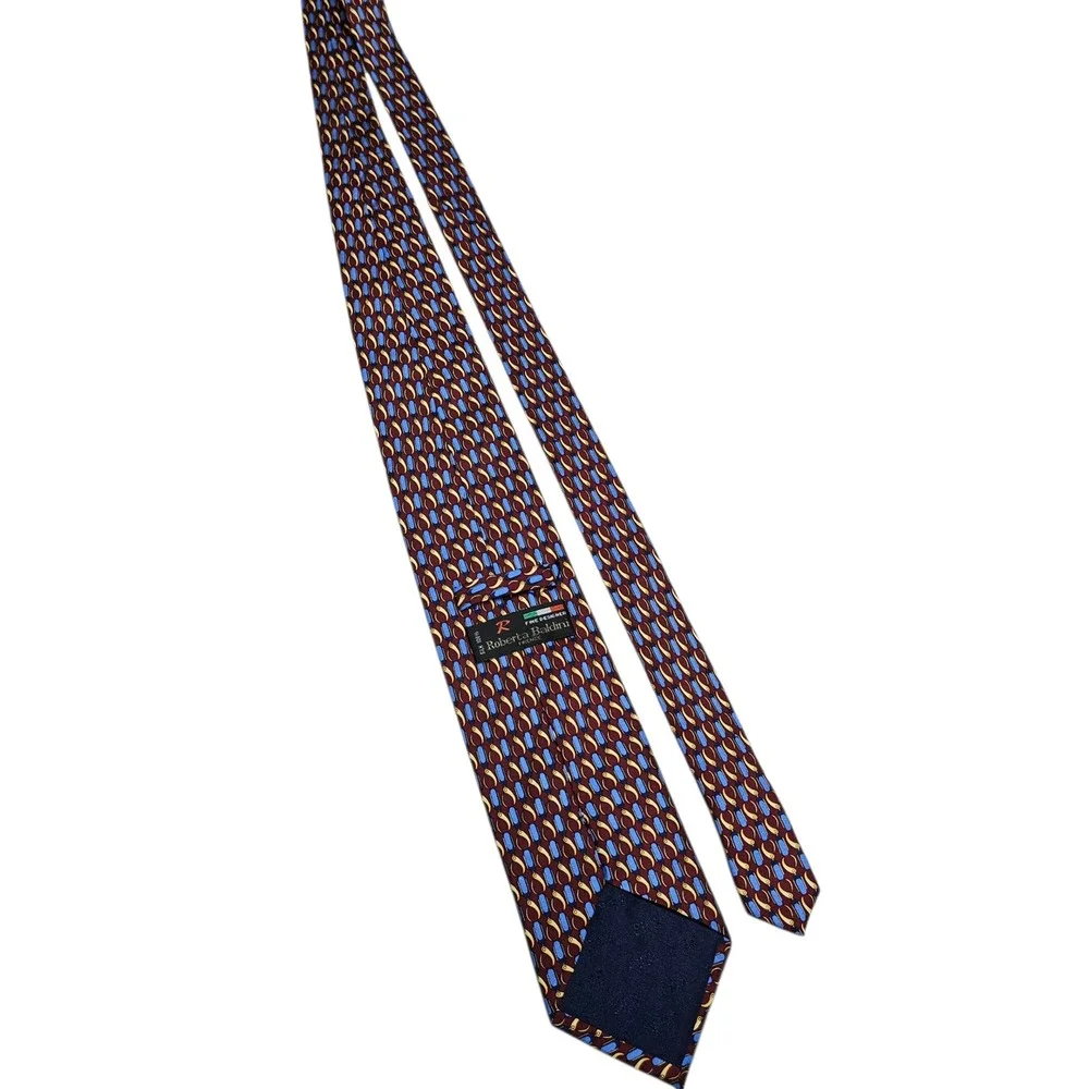 Roberta Baldini Firenze‎ Silk Necktie Burgundy Blue Yellow Geometric Pattern